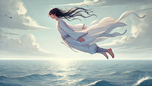 the young man with long black hair, dressed in white, flying over the ocean