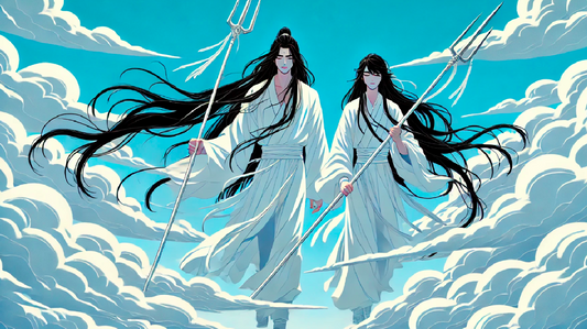 A man and woman with long black hair and wearing white clothes are floating in the blue sky, each holding a spear.